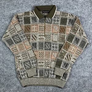 Brandini Sweater Mens Large Brown Green Knit Polo Half Zip Wool Blend Grandpa